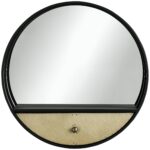 Specchio da Parete Rotondo da Ø61cm con Cassetto e Cornice in Metallo Nero