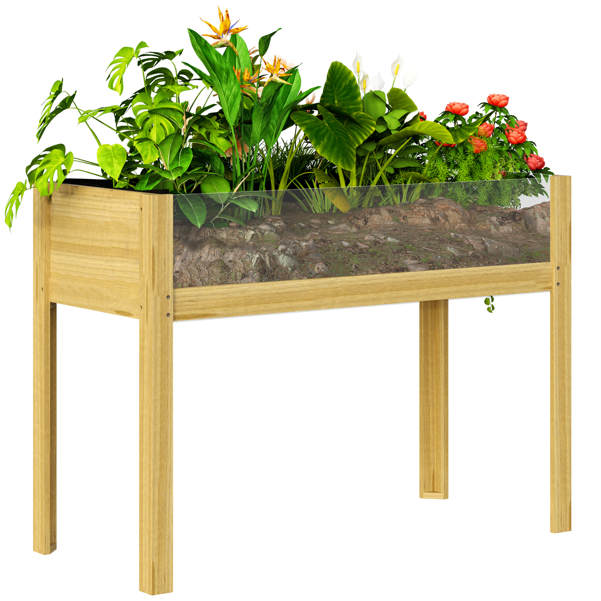 bvE2c4194948a6796.jpg Fioriera Rialzata da 118L con 2 Fori di Drenaggio e Pareti Trasparenti, in Legno di Abete, 110x50x80 cm - immagine 1