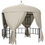  Gazebo da Giardino Rotondo Ø3m con Tende e Prese d'Aria in Metallo e Poliestere, Beige
