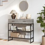 Consolle da Ingresso con 2 Cassetti, 2 Ripiani e Gancio Laterale, in Legno e Metallo, 1x35x92 cm, Nero e Legno - immagine 7