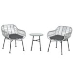 Set Mobili da Giardino in Rattan PE con 2 Sedie e Tavolino con Ripiano in Vetro, Grigio