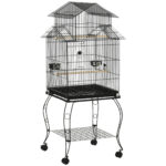Gabbia per Uccelli da Interni in Legno con Vassoio, 4 Ruote e Trespolo, 50x49x137cm
