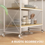Carrello Portavivande a 4 Livelli con Portabottiglie e 5 Ganci Rimovibili, in Legno e Metallo, 96,5x38x96,7 cm - immagine 7