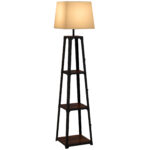 Lampada da Terra in Metallo e MDF a 3 Ripiani con Paralume in Tessuto, Ø42x166 cm, Nero e Beige