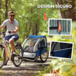 Rimorchio Bici Bambini con 2 Posti, 2 Cinture di Sicurezza, Telaio in Acciaio e Copertura in Tessuto Oxford Blu - immagine 8