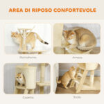 Torre per Gatti con Casetta, Trespolo, Piattaforme e 4 Topolini Appesi, 60x35x134 cm, Beige - immagine 5