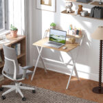 Scrivania Pieghevole con Ripiano per Monitor, 81,5x62x86,5 cm, Legno e Bianco - immagine 2
