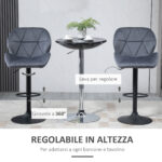 Set 2 Sgabelli da Bar con Altezza Regolabile Base in Metallo Seduta in Velluto, Sgabelli Cucina Alti Girevole con Schienale e Poggiapiedi, 51,5x57,5x93-114,5cm, Grigio - immagine 4