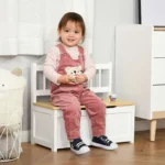 Cassapanca per Bambini 2 in 1 in Legno con Pistone per Chiusura Sicura, 60x30x50cm Bianco e Legno Naturale - immagine 4