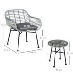Set Mobili da Giardino in Rattan PE con 2 Sedie e Tavolino con Ripiano in Vetro, Grigio - immagine 3