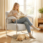 Poltrona Salotto e Poltroncina Camera da Letto in Ciniglia Morbida, Beige - immagine 2