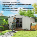 Casetta da Giardino 3,4x3,8x2 m in Acciaio con Doppia Porta Scorrevole e Tetto Inclinato, Argento - immagine 4
