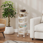 Carrello da Cucina a 5 Livelli con 4 Cesti Estraibili, in Metallo, PP e Legno, 39,5x24x82 cm, Bianco e Rovere - immagine 7
