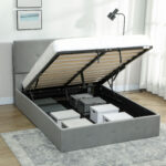 Letto Contenitore con Spazio a Scomparsa e Testiera Vellutata a Trapunta, in Legno e Metallo, 195x141x106 cm, Grigio - immagine 2