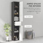 Colonna Bagno Salvaspazio in Legno con 2 Armadietti e Cassetto, 30x28x180 cm, Nero - immagine 4