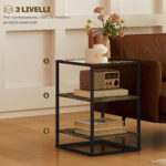 Set 2 Tavolini da Soggiorno a 3 Livelli in Legno e Metallo con Piano in Vetro Temperato, 37x40x55,5 cm, Marrone - immagine 6