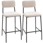 Set 2 Sgabelli da Bar con Schienale Alto, Poggiapiedi e Rivestimento in Ciniglia, Crema