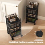 Carrello Cucina a 3 Livelli con Cestini in Metallo Girevoli, Ruote e Freno, 27,5x27,5x62 cm, Nero - immagine 6