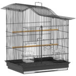 Gabbia per Uccelli a 4 Porte con 2 Ciotole, 2 Posatoi e Vassoio, in Metallo e Plastica, 47,5x36x54,5 cm, Nero