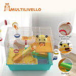 Gabbia per Criceti con Ruota, Casetta, Ciotola, Rampe e Serbatoio, in Acciaio, PS e PP, 45x28x37 cm, Bianco e Azzurro - immagine 5