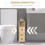 Armadietto da Bagno a Colonna, Mobile Bagno con 4 Ruote, 1 Cassetto 1 Armadietto con Anta 2 Armadietti Aperti, Color Rovere, 18x30x68,5 cm - immagine 6