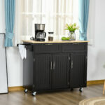 Carrello da Cucina in Legno con 2 Cassetti, Armadietto 3 Ante e 4 Ruote, 121x46x91cm, Nero - immagine 2