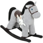 Cavallo a Dondolo con Suoni per Bambini da 2-5 Anni e Animale di Peluche Incluso, Legno e Acciaio, Grigio