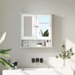 Armadietto Bagno da Parete con 2 Ante a Specchio e Ripiano Aperto, 56x13x58 cm, Bianco - immagine 8