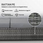 Divano da Esterno 3 Posti in Rattan PE e Metallo con Cuscini per Seduta e Schienale, 185x70x80 cm, Grigio - immagine 4