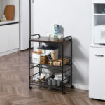 Carrello da Cucina Portavivande Stile Industriale con 4 Ruote, 2 Cestini e 4 Ganci, 60x38x85,5cm, Marrone Nero - immagine 2