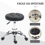 Sgabello Girevole Rotondo con Ruote, Altezza Regolabile e Rivestimento in Finta Pelle, Nero - immagine 6