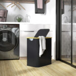 Cesto Portabiancheria da 80L a 2 Sezioni con Coperchio, in Tessuto non Tessuto e Bambù, 54x34x58,5 cm, Nero - immagine 2