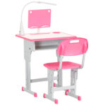 Set Scrivania e Sedia per Bambini 6-12 Anni ad Altezza Regolabili, Banco Scuola con Lampada, Cassetto, Gancio, Portapenne e Leggio, Set Banco con Sedia per Bambini in Acciaio e MDF, Rosa