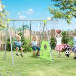Gioco per Bambini 3 in 1 con Altalena da Giardino, Canestro e Porta da Calcio, 238x180x182 cm,, Verde e Grigio - immagine 2