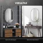 Specchio Bagno Ovale da Parete con Cornice in Alluminio, Verticale o Orizzontale, 60x90 cm, Argento - immagine 4