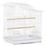 Gabbia per Uccelli a 4 Porte con 2 Ciotole, 2 Posatoi e Vassoio, in Metallo e Plastica, 47,5x36x54,5 cm, Bianco