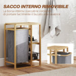 Cesto Portabiancheria con Borsa Estraibile e Ripiani a Doghe in Bambù, 50x32x70 cm, Grigio - immagine 5