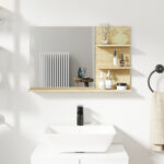 Specchio Bagno Moderno con 2 Ripiani Laterali e Ripiano Inferiore, in Legno e Vetro, 75x10x48 cm, Color Legno - immagine 6