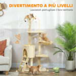 Torre per Gatti con Casetta, Trespolo, Piattaforme e 4 Topolini Appesi, 60x35x134 cm, Beige - immagine 4