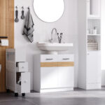 Mobile Sotto Lavabo Bagno con Antine in MDF e Bambù 60x30x60,5cm - Bianco e Color Legno - immagine 2