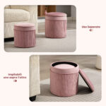 Set 2 Pouf Poggiapiedi Rotondi Impilabili e Imbottiti con Rivestimento in Velluto, Contenitore da 34,8L, Rosa - immagine 5