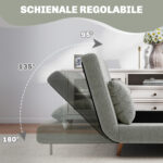 Divano Letto Matrimoniale con Schienale Regolabile e 2 Cuscini, in Tessuto Effetto Lino Grigio - immagine 5