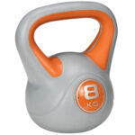 Kettlebell 8kg in PU e Sabbia con Base Piatta e Impugnatura per Stacchi, Squat e Sollevamenti, 20x14x24 cm, Arancione