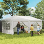 Gazebo 6x3 m Pieghevole da Giardino a 6 Pareti in Acciaio e tessuto Oxford con Funi e Picchetti, Bianco - immagine 2