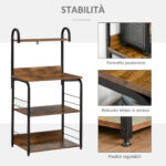 Mobiletto per Microonde a 4 Ripiani e 4 Ganci, Mobile Cucina in Acciaio e Legno 60x40x125cm, Marrone Rustico - immagine 7