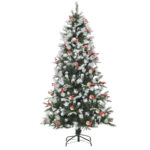 Albero di Natale Innevato 180cm con Bacche Rosse e Pigne Bianche, Base Rimovibile Pieghevole, 678 Rami, Verde