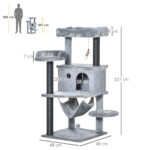 Albero Tiragraffi per Gatti con Palo, Casetta, Letto, Amaca e 2 Giochi in Legno e Peluche, 48x48x107 cm, Grigio - immagine 3