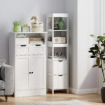 Mobile Bagno con 3 Ripiani Aperti e 2 Cassetti in Legno, 30x30x141,2 cm, Bianco - immagine 7