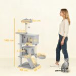 Albero Tiragraffi per Gatti Alto 140 cm con 2 Casette, Amaca, Lettino e Pali in Sisal, Grigio - immagine 3