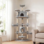 Albero Tiragraffi per Gatti Alto con Casette e Amache, 60x60x2cm, Grigio Chiaro - immagine 2